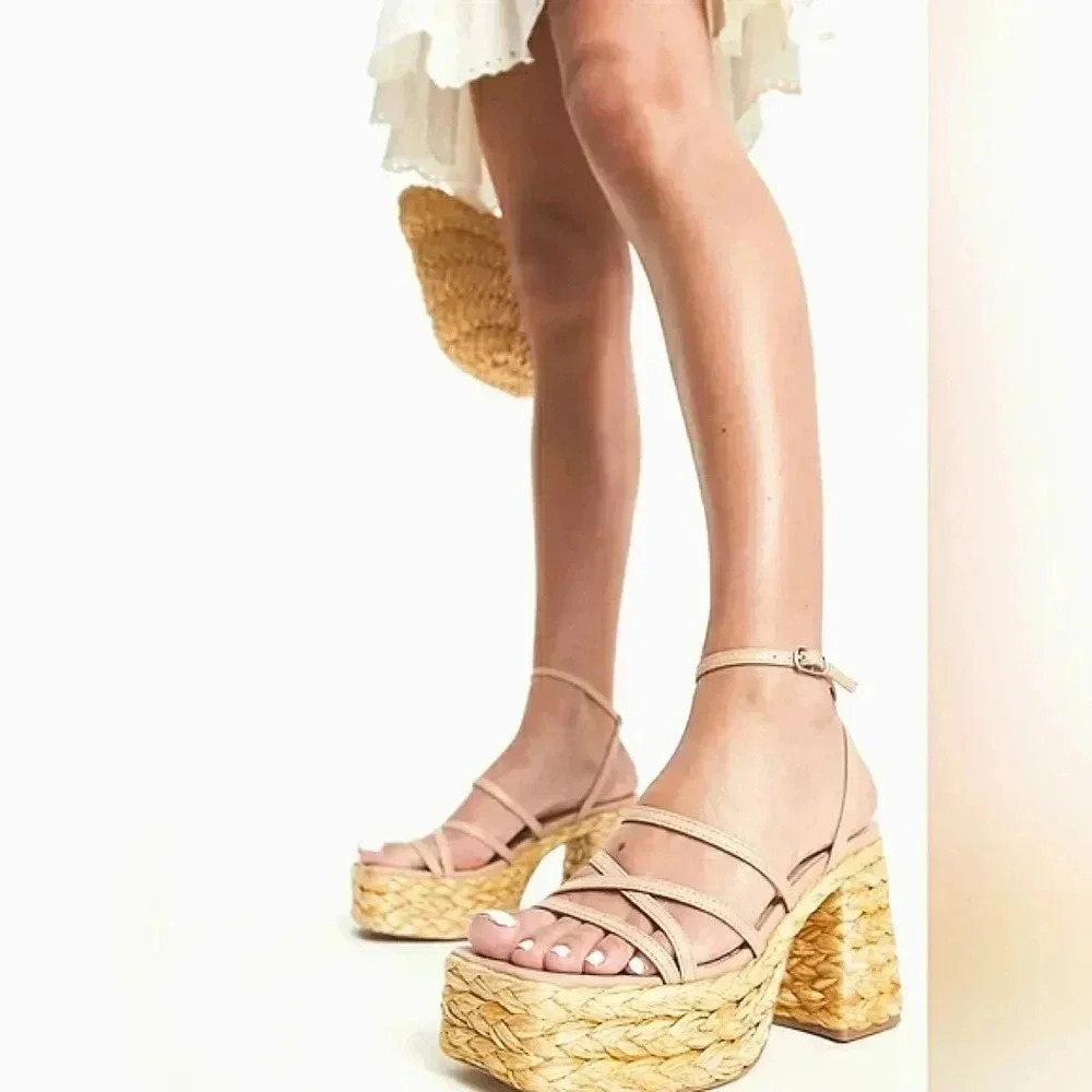 Chunky Retro Platform Sandals Raffia Boho Festival New 9.5